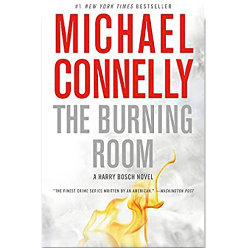 Cover of The Burning Room by Michael Connelly: title in bold red and gray text over a white background with flames rising at the bottom.