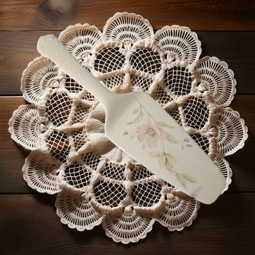Decorative lace doily with a floral-patterned cake server on a wooden surface