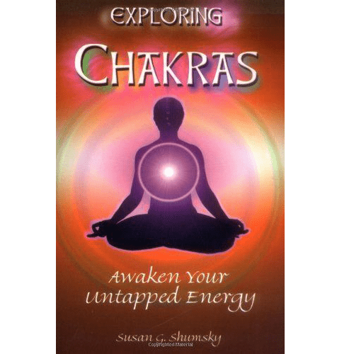 The image is a book cover titled "Exploring Chakras: Awaken Your Untapped Energy" by Susan G. Shumsky, featuring a meditating figure with a glowing heart chakra on a warm gradient background.