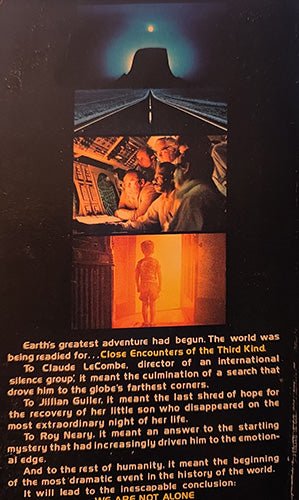 Back cover of a book or magazine featuring a dark sci-fi illustration with a futuristic dome under a glowing moon, two inset scenes with people and a child silhouette, and a block of promotional text on a black background.