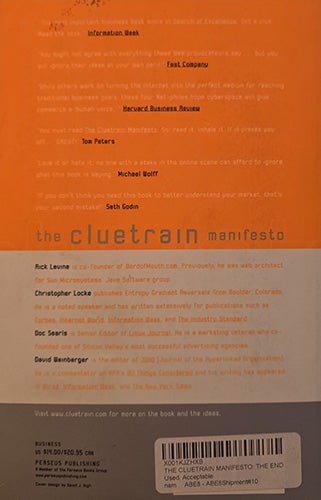 Back cover of The Cluetrain Manifesto with author information and endorsements