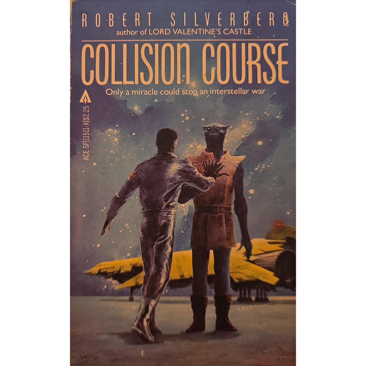Vintage paperback book cover of Robert Silverberg's science fiction novel 'Collision Course', showing two futuristic figures standing in front of yellow spacecraft against a dark starry sky.