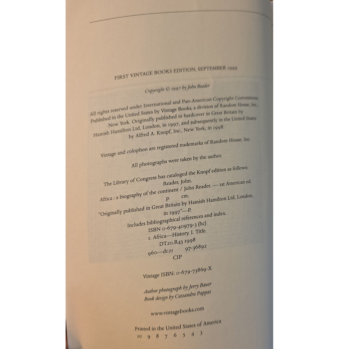 Copyright page showing the 1999 Vintage Books edition and printing number line for Africa: A Biography of the Continent.
