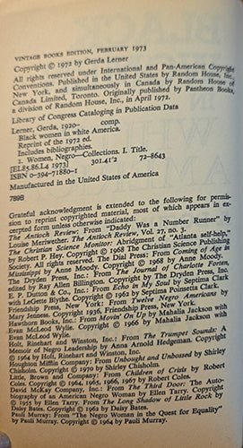 A close-up of a book's copyright page showing publication details, publisher credits, and a acknowledgments section in small black text on a white background.