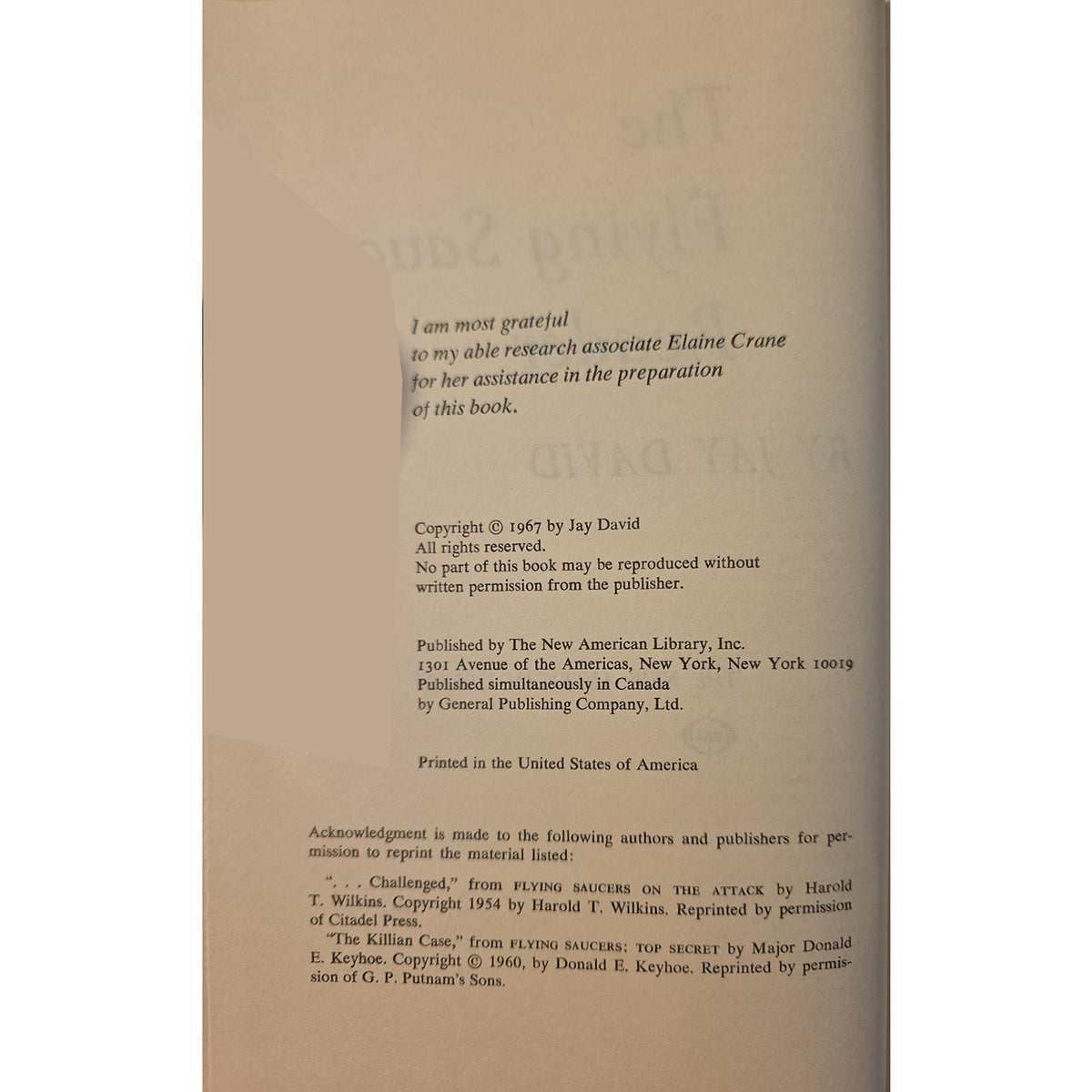 A printed acknowledgments and copyright page from a book, photographed against a light beige background. Visible text includes gratitude to Elaine Crane, copyright by Jay David, and publisher information for The New American Library and General Publishing Company, Ltd.