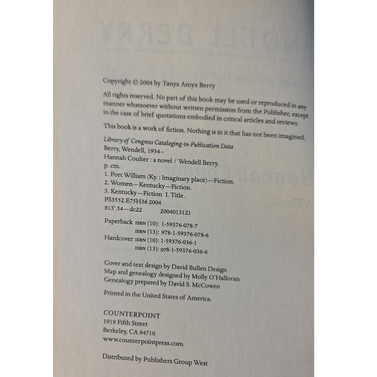 Copyright page of Hannah Coulter showing the Counterpoint paperback ISBN.