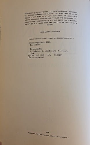Life on Earth copyright page 1979 First American Edition