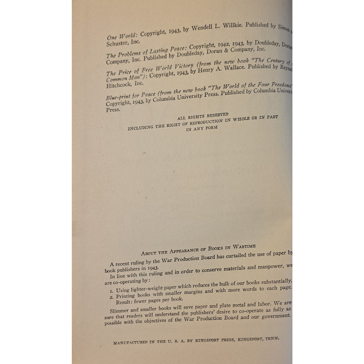 Copyright page with 1943 publication details and a notice explaining wartime paper conservation.