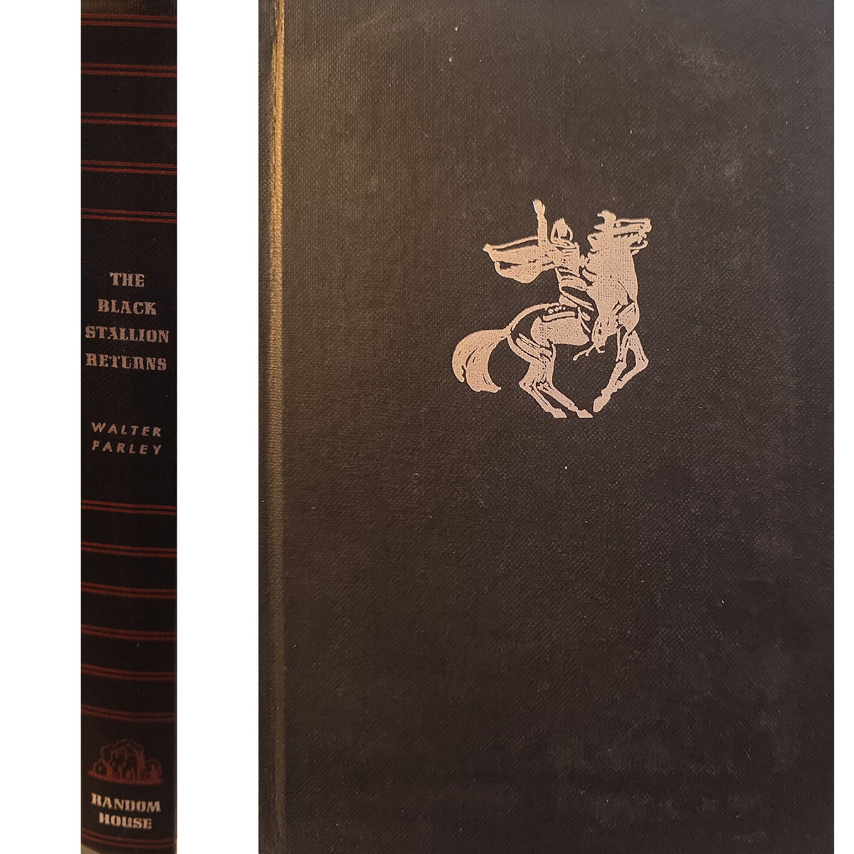 A vintage hardcover book shown standing upright, with the front cover on the right and the spine on the left. The cover is dark brown with a light tan or beige embossed or printed equestrian emblem near the upper right.