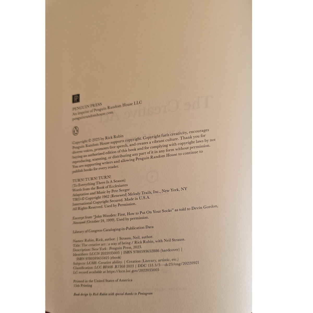 Copyright page of The Creative Act showing the 2023 copyright, hardcover ISBN, and fifteenth-printing statement.
