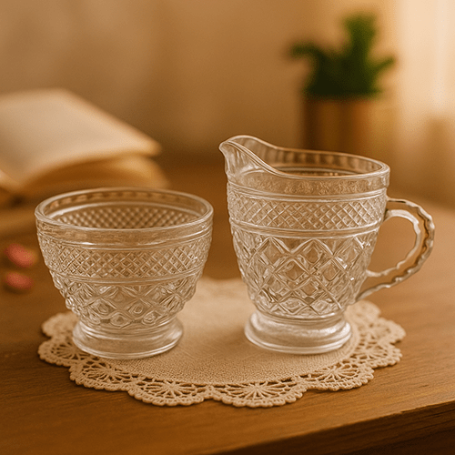 Vintage Pressed Glass Creamer & Sugar Set (Diamond Pattern)