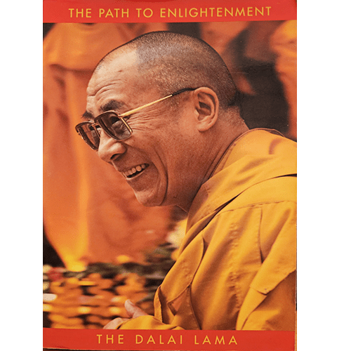 Cover of The Path to Enlightenment featuring a smiling Dalai Lama in traditional robes, offering insights on meditation, compassion, and spiritual wisdom for achieving inner peace.