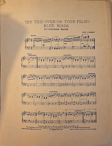 Sheet music with black text and music notes on a beige background