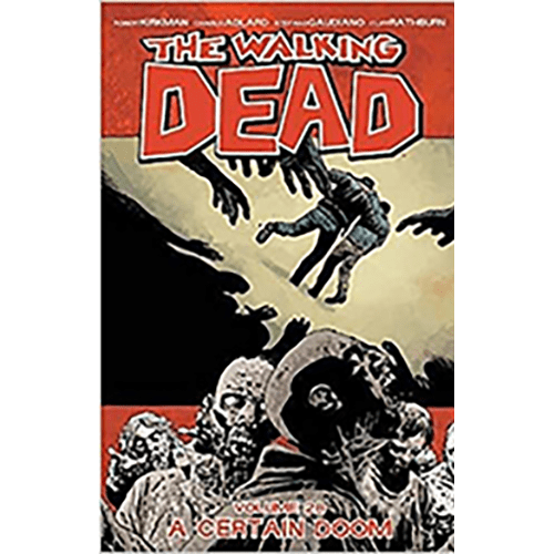 Cover depicts Rick Grimes leading a determined group, weapons ready, symbolizing the community's stand against looming threats in a desolate landscape