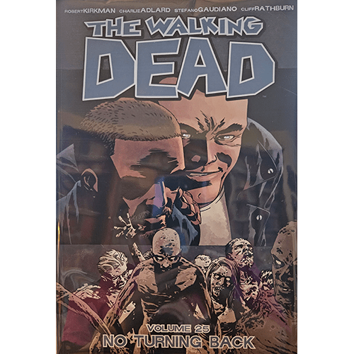 The cover features a menacing Negan behind a determined Rick Grimes, with a horde of eerie, shadowed zombies in the foreground, setting a chilling tone.