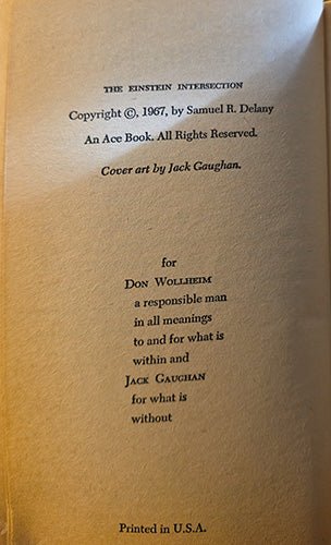 A close-up of a book's title page or copyright page with black printed text on warm beige paper. Visible text includes 'The Einstein Intersection', copyright by Samuel R.