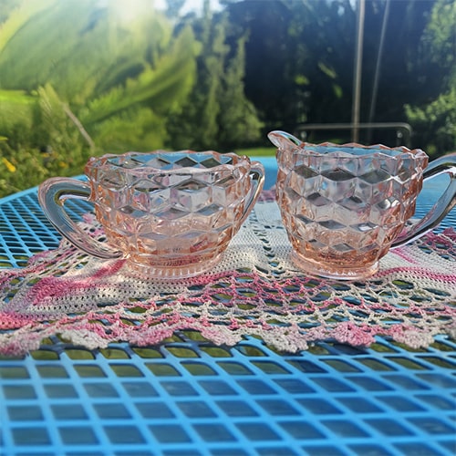 Vintage Pink Glass Creamer & Sugar Set – Diamond Block Pattern, Depression Glass Style