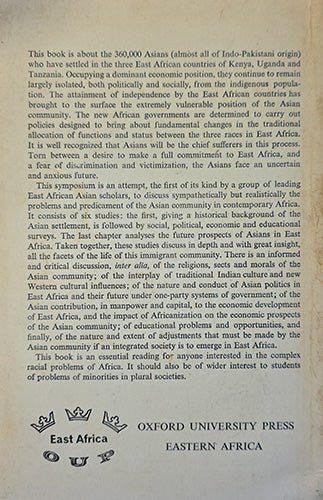 Back cover of Portrait of a Minority: Asians in East Africa showing publisher’s summary and visible vintage wear.