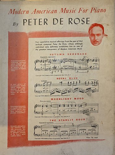 Sheet music back cover showing cover for 'Modern American Music For Piano' by Peter De Rose with sheet music and portrait.