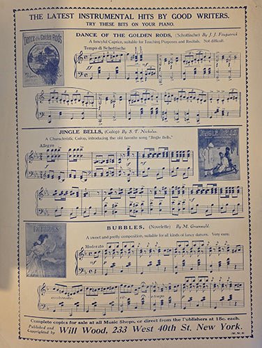 Back page of early 20th-century sheet music showing printed piano excerpts and promotional listings for instrumental music