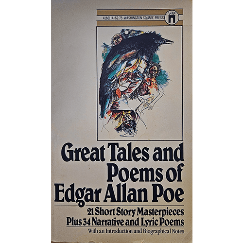 Cover of Great Tales and Poems of Edgar Allan Poe with abstract raven illustration in vivid colors; Washington Square Press paperback edition.