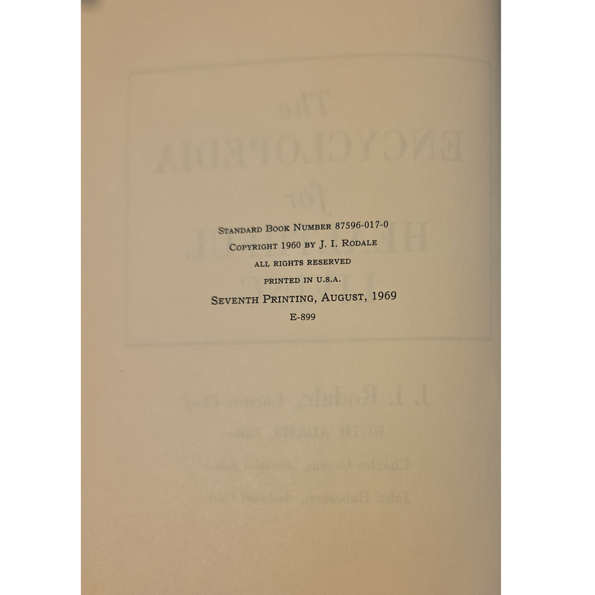 A close-up of a book's title page showing publication details for 'The Encyclopedia' printed in August 1969.