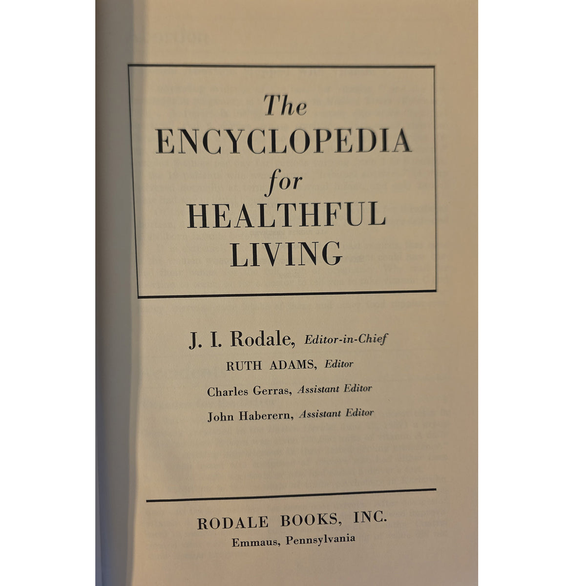 The half title page of the book 'The Encyclopedia for Healthful Living' by J. I.