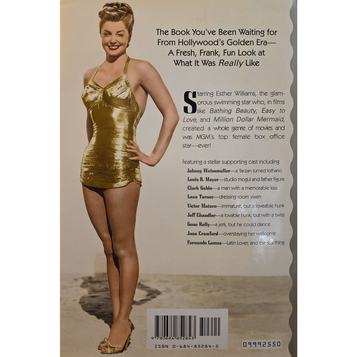 Back cover of a book featuring a vintage-style photograph of Esther Williams in a gold swimsuit, with promotional text and a barcode on a beige background.