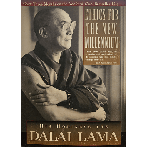 The cover of Ethics for the New Millennium by the Dalai Lama features a black-and-white photograph of the Dalai Lama in profile, with the title prominently displayed in bold lettering on the right-hand side.