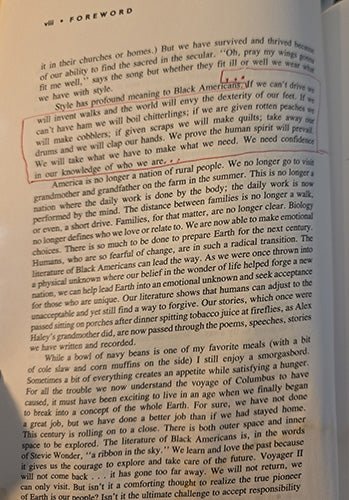 Everett Hoagland's red-pencil annotations and reading marks within African American Literature, documenting his active engagement with the text.