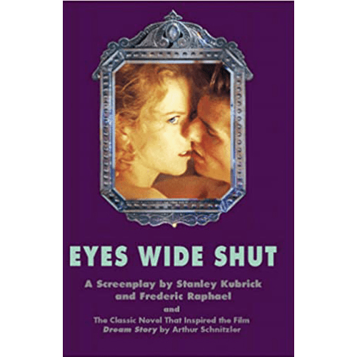 Cover of Eyes Wide Shut: A Screenplay, Warner Books first edition, showing a close-up of a couple behind a silver frame on a deep purple background.