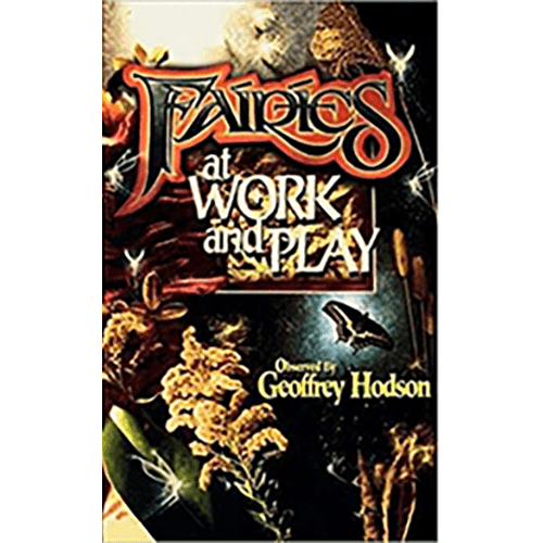 Cover of Fairies at Work and Play by Geoffrey Hodson, featuring whimsical artwork of fairies and nature, with golden text and vibrant details.