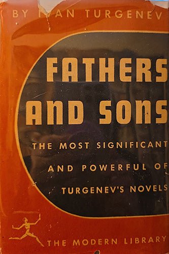 Front dust jacket of Fathers and Sons by Ivan Turgenev, Modern Library edition, with orange and black design and circular title graphic.