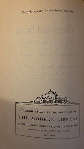 Copyright page of Fathers and Sons showing 1950 copyright by Random House and Modern Library publisher imprint.