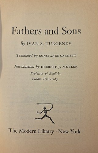 Title page of Fathers and Sons by Ivan S. Turgenev, translated by Constance Garnett, Modern Library edition.