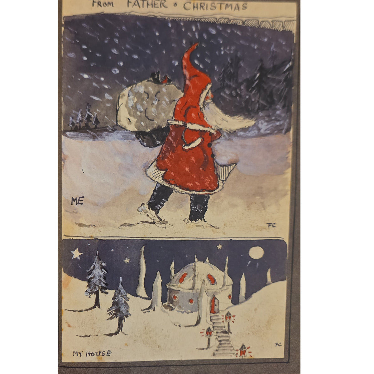 Tolkien’s color illustrations of Father Christmas carrying a sack through snow and his North Pole house beneath a starry sky.