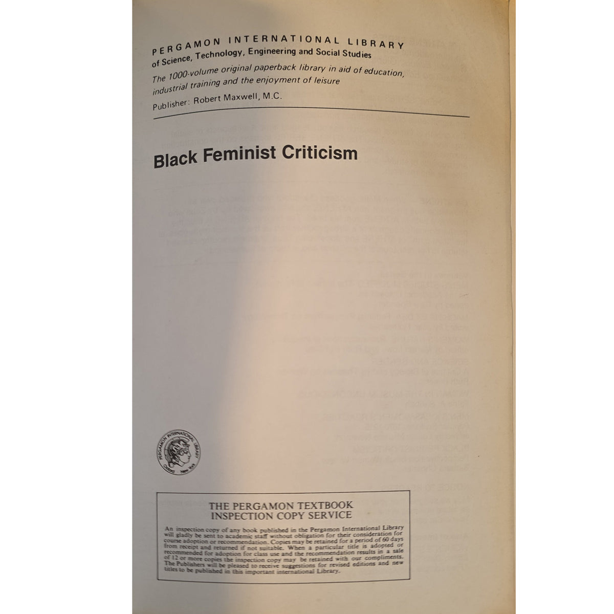 The interior cover of a book titled 'Black Feminist Criticism' from the Pergamon International Library series, published by Robert Maxwell, M.C.