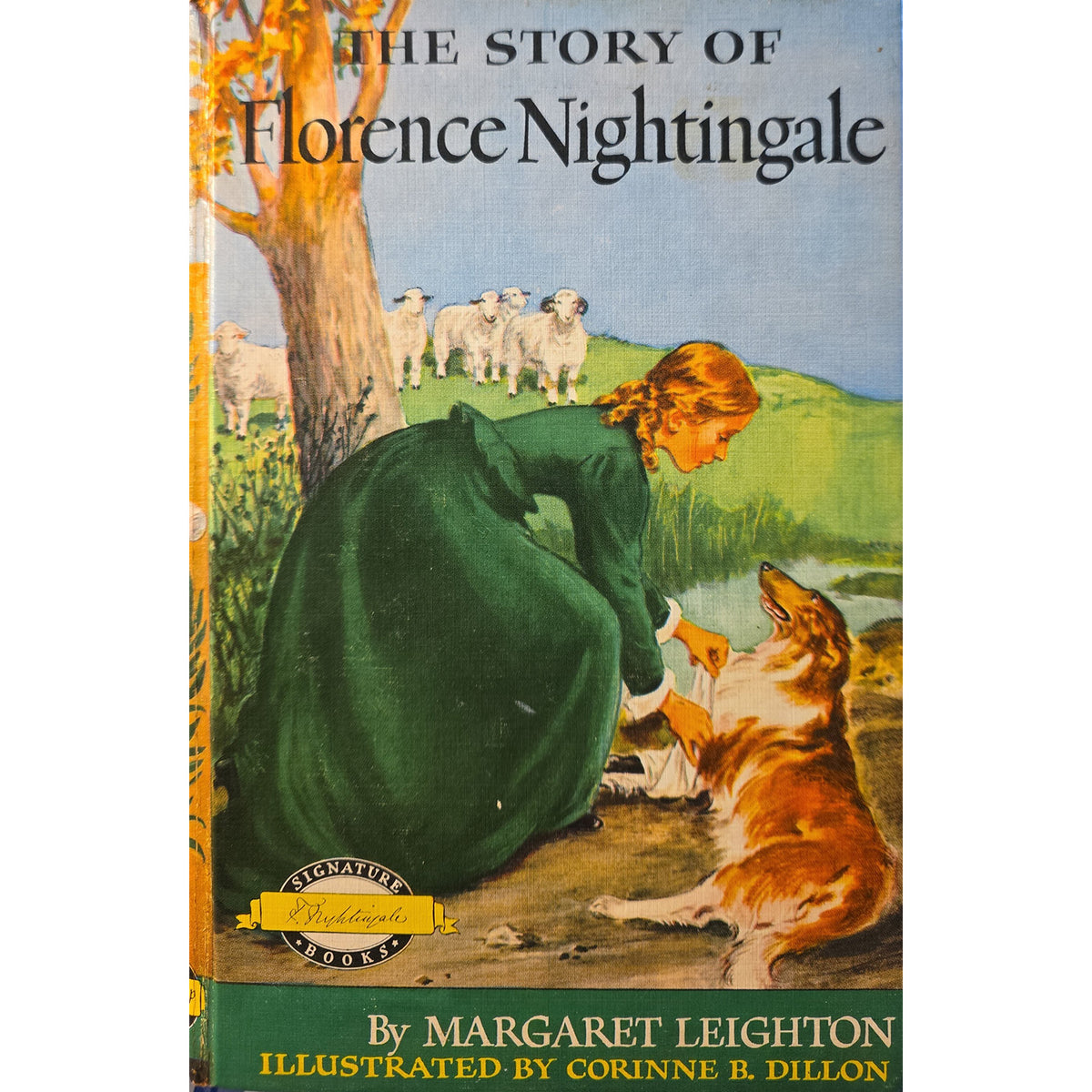 colo5rful cover of the book florence nightengale with a pastoral scene and a dog in the front.