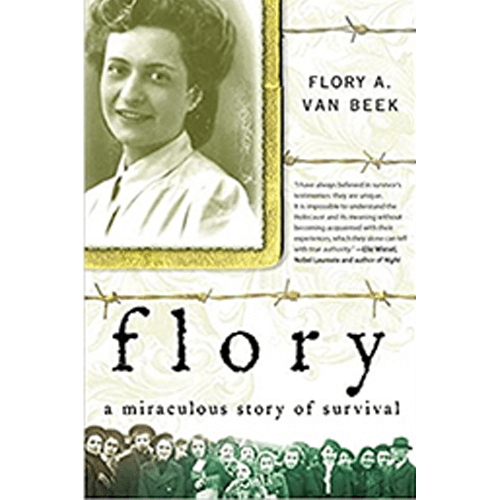 The cover features a sepia-toned photograph of Flory A. Van Beek, capturing her contemplative gaze, set against a backdrop of wartime Holland imagery.