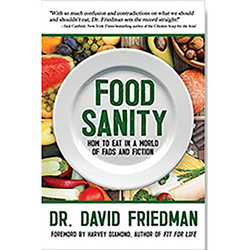 cover of food sanity with plate over fruit and vegetables.