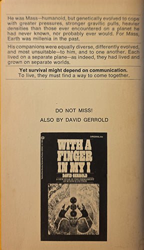A vintage book cover or booklet page shown against a tan background. The page contains printed text about Mass-humankind and a black-and-white cover image for 'With a Finger in My I' by David Gerrold.