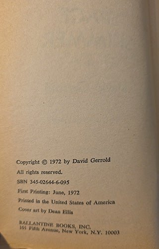 A close-up of a book's title and copyright page, showing printed text on an off-white page. Visible text includes 'Copyright © 1972 by David Gerrold' and 'BALLANTINE BOOKS, INC.