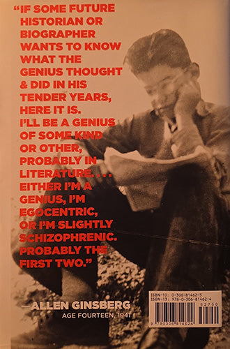 Back cover of a book titled 'This Is My Life' by Allen Ginsberg, featuring a sepia-toned photograph of a young Ginsberg writing, with large red quote text on a warm brown background.