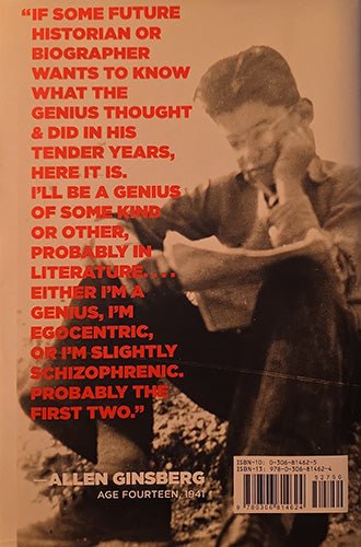 Back cover of a book titled 'This Is My Life' by Allen Ginsberg, featuring a sepia-toned photograph of a young Ginsberg writing, with large red quote text on a warm brown background.