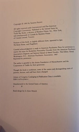 Copyright page of Girl, Interrupted by Susanna Kaysen showing publication details