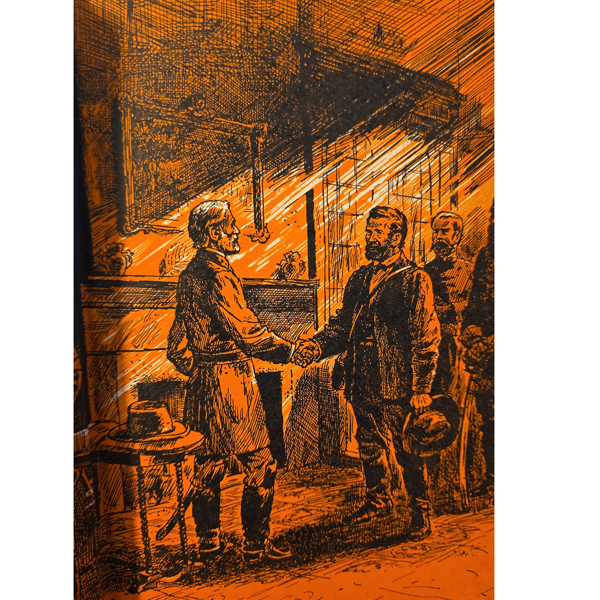 An orange and black ink sketch or print showing two men shaking hands in a dim interior, with additional figures in the background and a small table with a hat in the foreground.