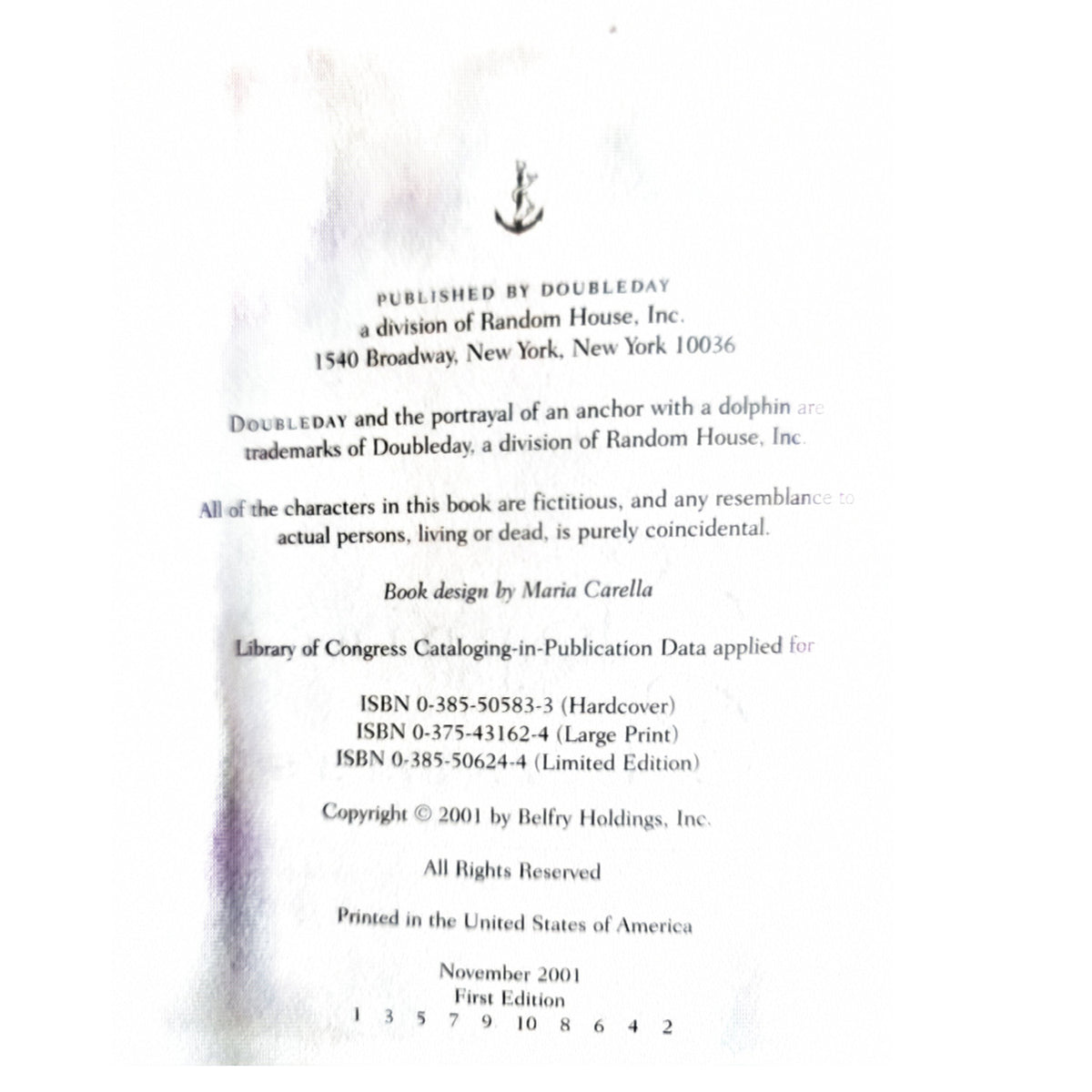 Copyright page of John Grisham’s Skipping Christmas, showing November 2001, the first edition statement, and a complete first-printing number line.