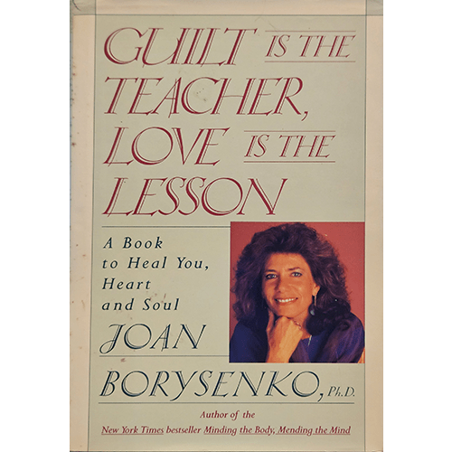 The book cover of Guilt is the Teacher, Love is the Lesson features a serene background with soft hues, reflecting tranquility and inner peace. The title is prominently displayed in elegant font, with Joan Borysenko's name below. An abstract, calming design symbolizes the journey from guilt to love.