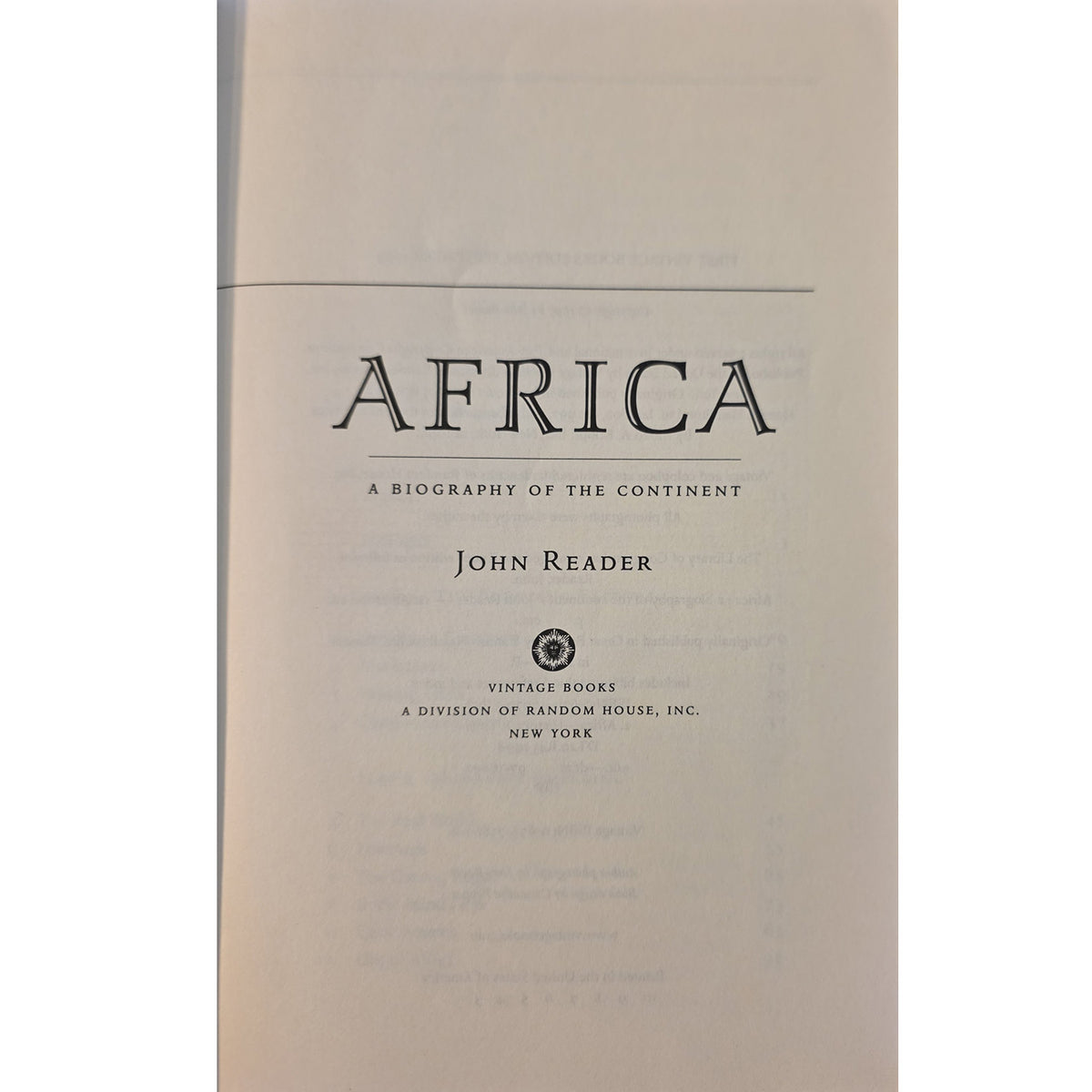 Title page of Africa: A Biography of the Continent by John Reader, Vintage Books edition.