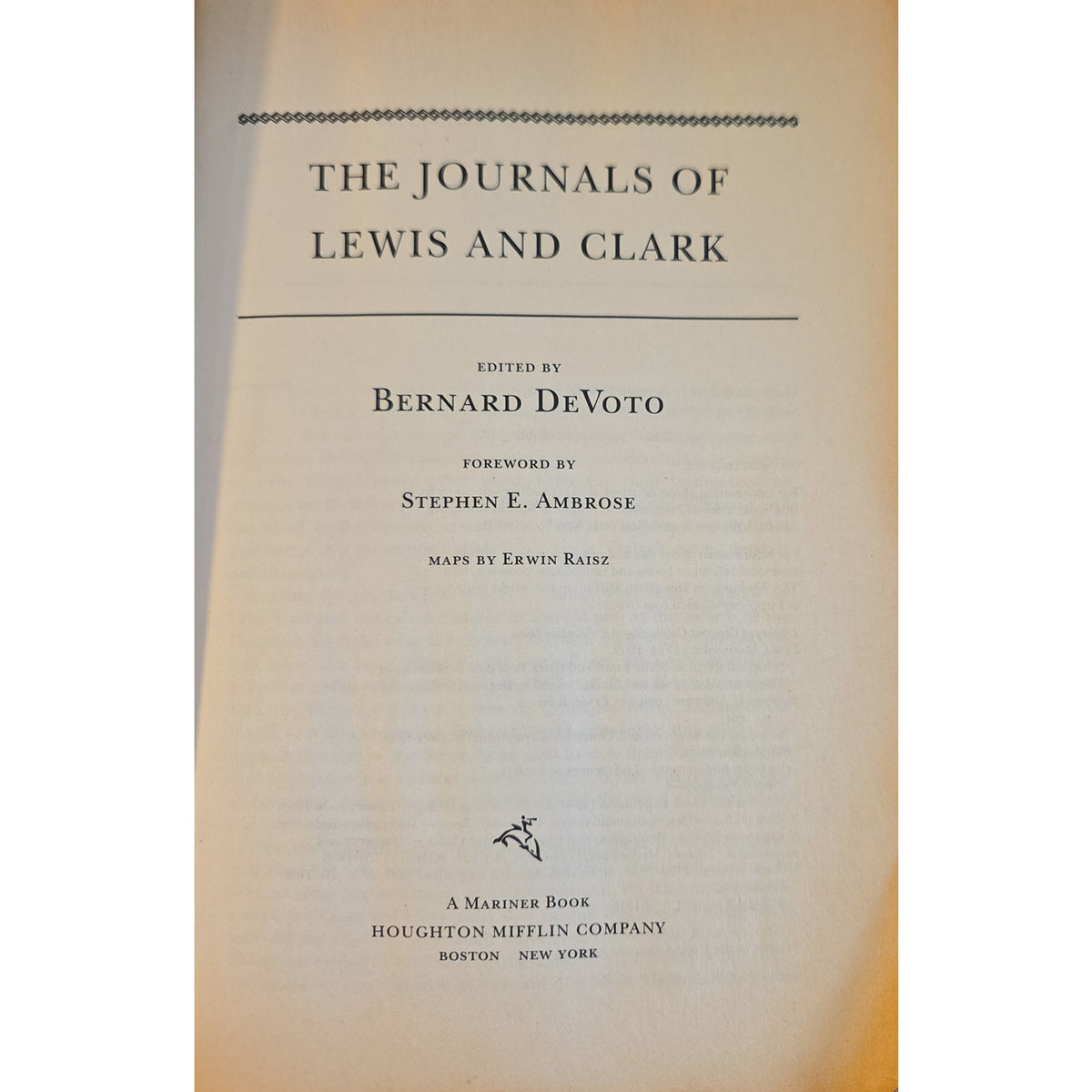 A book page from 'The Journals of Lewis and Clark' edited by Bernard DeVoto, showing printed text on aged cream paper against a white background.